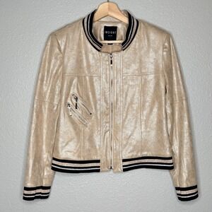 Insight New York Gold Metallic Bomber Moto Jacket Ribbed Stripe Zip Womens‎ 6